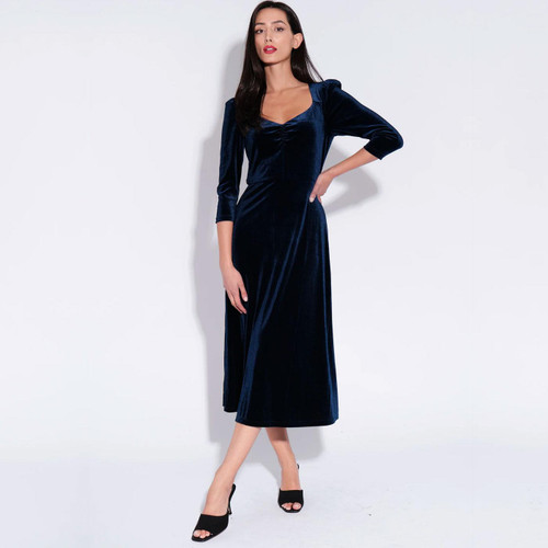 Ambrose Louche London Retro Velvet Midi Dress in Navy