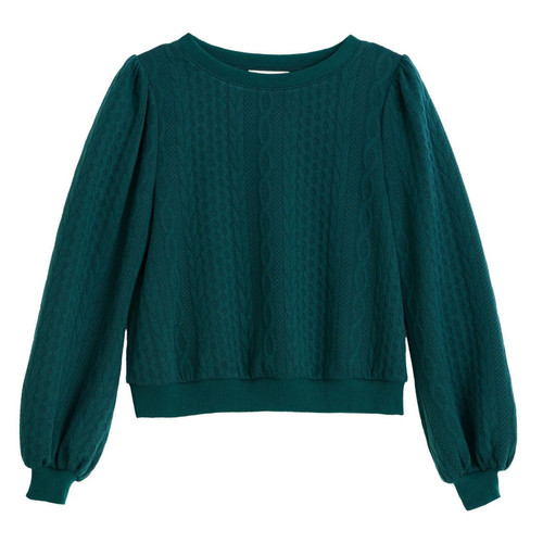 Louche Ellie Cable Quilt Puff Sleeved Jumper in Fir Green - Main View