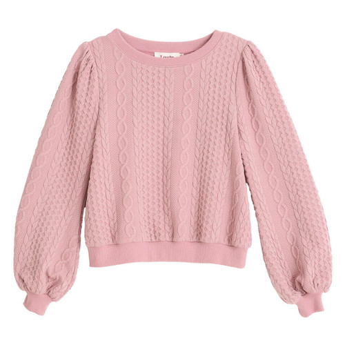 Louche Ellie Retro 70s Cable Quilt Puff Sleeved Jumper in Blush Pink - Main View