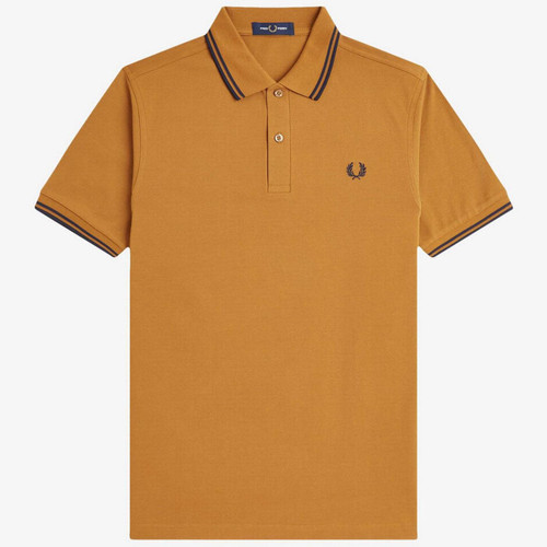Fred Perry Twin Tipped Pique Polo Shirt in Dark Caramel with Navy Tipping M3600 T86 - Main View
