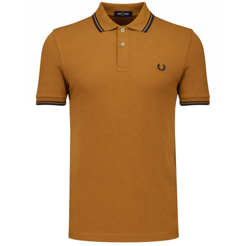 Fred Perry Twin Tipped Pique Polo Shirt in Dark Caramel with Navy Tipping M3600 T86 - Front View