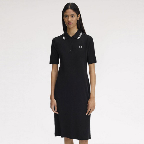 Model Wearing the Fred Perry Twin Tipped Ribbed Polo Dress in Black with White Tipping D2176 102