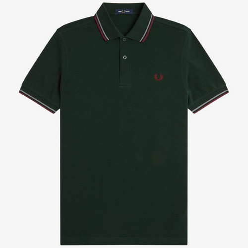 Fred Perry Twin Tipped Pique Polo Shirt in Grassroots, Stockport Blue and Oxblood M3600 85A - Main View