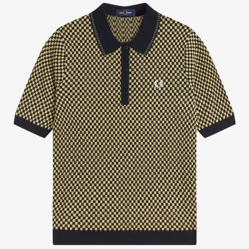 Fred Perry Women's Retro Mod Chequerboard Knitted Polo Shirt in Black and Champagne K2123 102 Main View