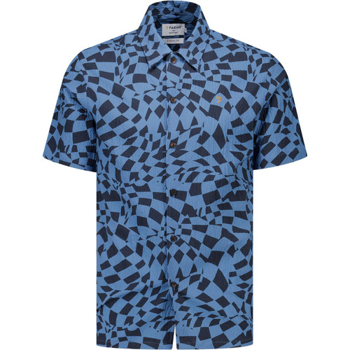 Farah Vintage Mens Angelo Retro 60s Op-Art Print Dobby Short Sleeve Shirt in True Navy