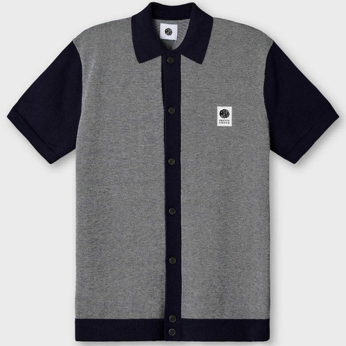 Pretty Green Roxy Birdseye Knit Button Through Polo Shirt in Navy and Grey - Front