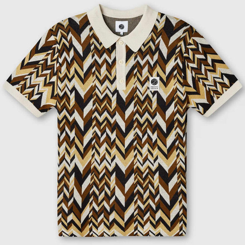 Pretty Green Starship 1960s Mod Op Art Chevron Knitted Polo Shirt in Stone Front