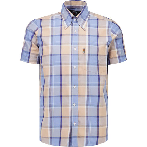 Trojan Clothing Mens Pastel Check Button Down Short Sleeve Shirt in Powder Blue