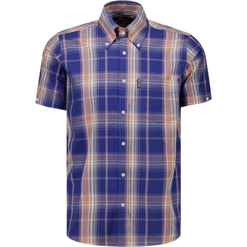 Trojan Clothing Mens Large Check Button Down Short Sleeve Shirt in Navy