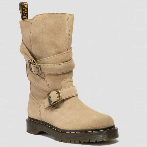 Dr Martens Anistone Women's Two Strap Suede Biker Boots in tan Bronx Suede - Main View