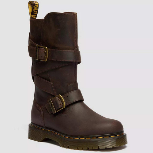 Dr Martens Anistone Crazy Horse Leather Two Strap Biker Boots in Dark Brown - Main View