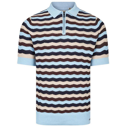 Luke 1977 Maughold 1960s Mod Pointelle Wavy Stripe Knitted Polo Shirt in Sky - Main View