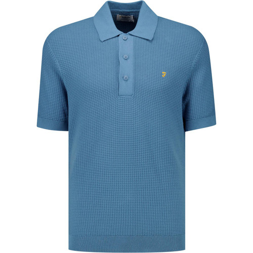 Farah Vintage Mens Thornley Full Cardigan Waffle Knitted Polo T-Shirt in Blue Tide