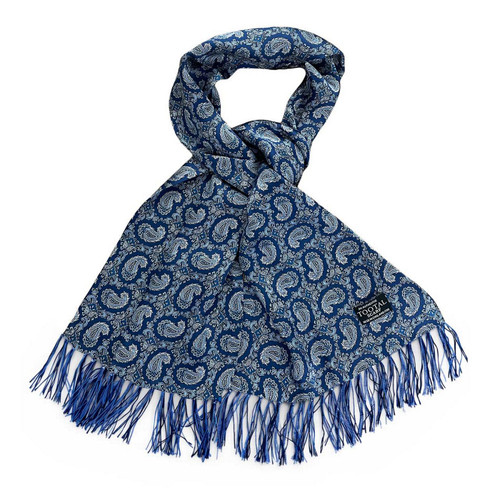 Tootal Men's 1960s Mod Fringed Paisley Silk Scarf in Navy - Main View