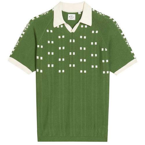 Ben Sherman Retro Sport Skipper Neck Jacquard Square Knitted Polo Shirt in Green Main View