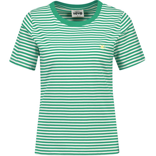 Mademoiselle Yeye Womens Endless Horizon Embroidery Stripe Crew Neck T-Shirt in Green