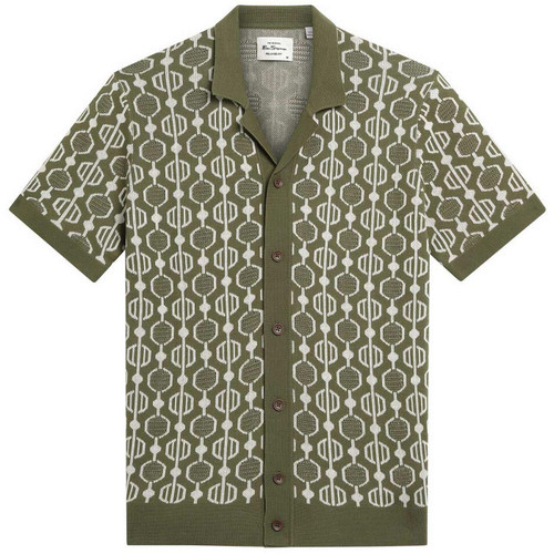 Ben Sherman Geo Jacquard Retro 70s Knitted Button Through Shirt in Green - Main View