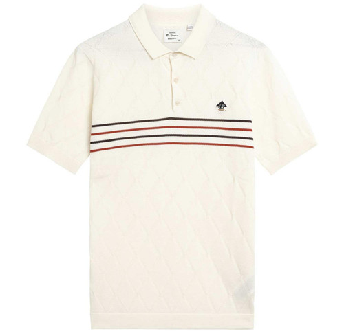 Ben Sherman Diamond Texture Retro Mod Sports Stripe Knitted Polo Shirt in Ivory Main View