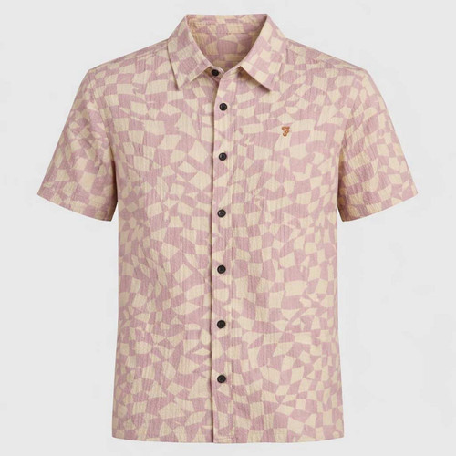 Farah Angelo Men's Retro 70s Textured Crepe Checker Short Sleeve Shirt in Birch Grey and Pink