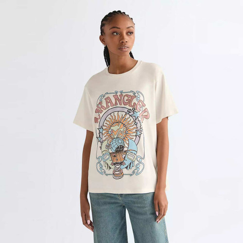 Wrangler Women's Relaxed Girlfriend Retro 1970s Psychedelic Print Tee in Worn White - Front