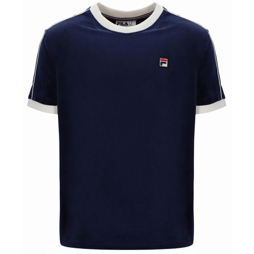 Fila Vintage Men's Basilio Velour Piped Retro T-Shirt in Navy