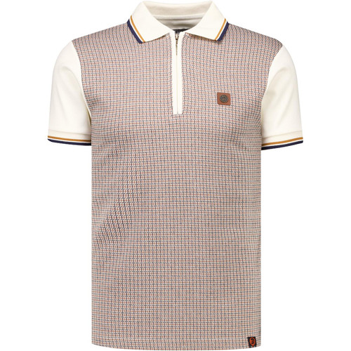 Trojan Records Clothing Mens Mini Houndstooth Panel Zip Polo T-Shirt in Ecru
