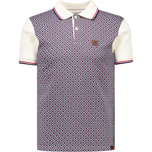Trojan Records Clothing Mens Diamond Panel Jacquard Polo T-Shirt in Ecru