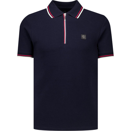 Trojan Records Clothing Mens Ottoman Rib Mod Tipped Zip Neck Polo T-Shirt in Navy