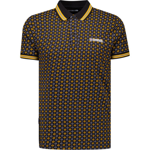 Lambretta Mens Geometric Diamond Print Jersey Polo T-Shirt in Black and Gold