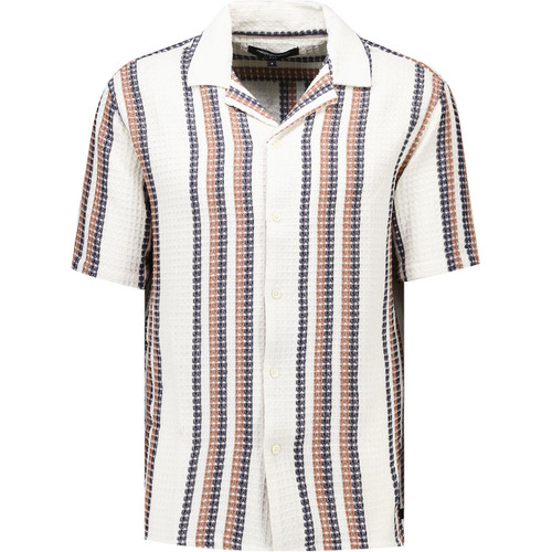 French Connection Mens Striped Waffle Revere Collar Short Sleeve Shirt in White