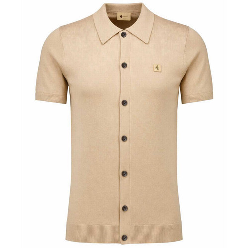 Gabicci Vintage Guinness Men's Mod Button Through Polo Shirt in Sand Main View