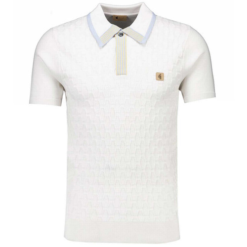 Gabicci Vintage Men's Retro Stripe Placket Cable Knit Polo Shirt in White