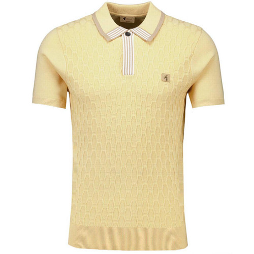Gabicci Vintage Bourne Men's Mod Cable knit Stripe Placket Polo Shirt in Lemon