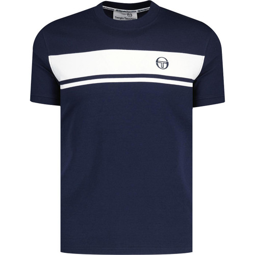 sergio tacchini mens master retro contrast chest stripe crew neck tshirt navy white