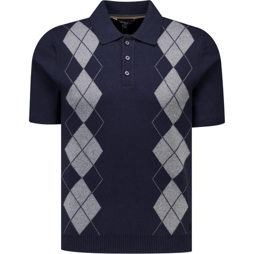 French Connection Mens Diamond Knit Polo T-Shirt in Navy and Grey