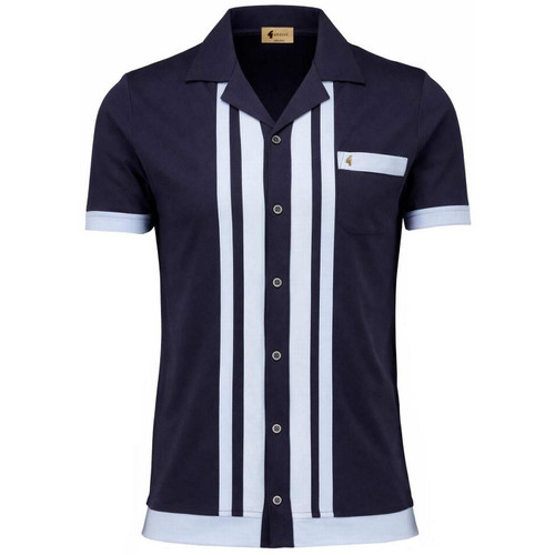 Gabicci Vintage Pulp Men's Retro 1970s Stripe Front Revere Collar Jersey Shirt in Navy