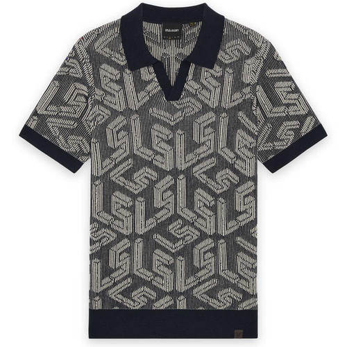 Lyle & Scott Men's Retro 70s Ribbed Emblem Knitted Johnny Collar Polo Shirt in Dark Navy - Main View