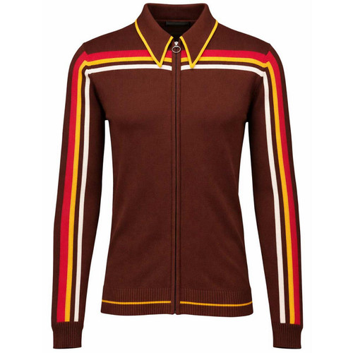 Madcap England Retro 70s Stripe Knitted Track Top in Potting Soil - Front View