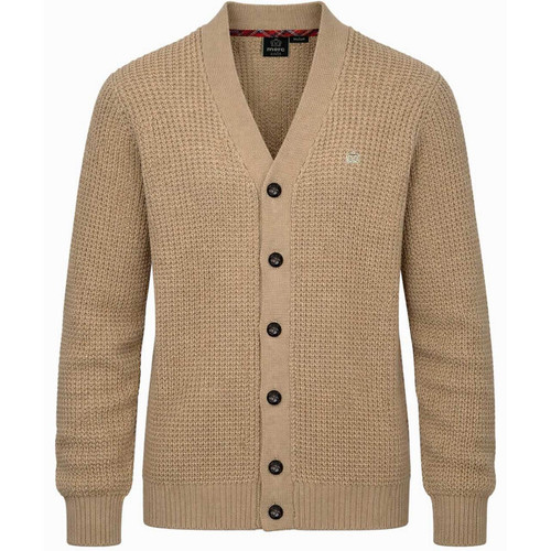 Merc Grayson Men's Retro V-Neck Waffle Knit Cardigan in Sand - Main View Mannequin