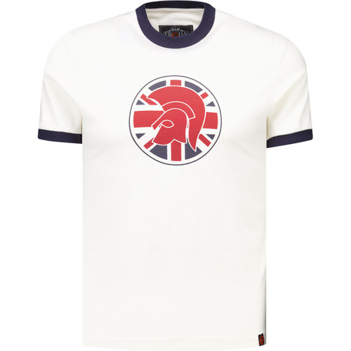 Trojan Records Clothing Mens Union Jack Helmet Logo Retro Ringer T-shirt in Ecru