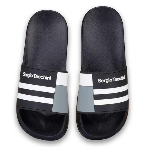 Sergio Tacchini Braga men's Retro Stripe Colour Block Sliders in Black and Grey - Above View