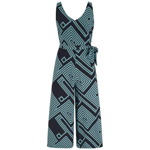 Sugarhill Brighton Lamiah Retro 70s Geometric Spirals and Diamonds Jumpsuit in Black and Green - Main View