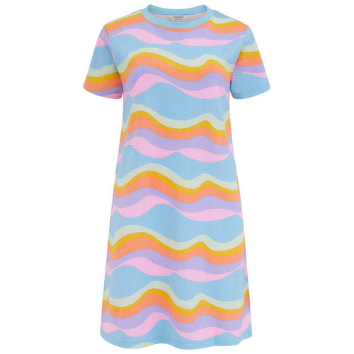 Sugarhill Brighton Sia Retro 1970s Wavy Stripe Tee Dress in Blue