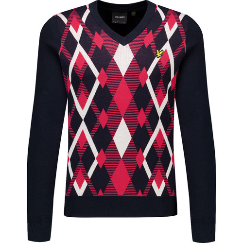 Lyle & Scott Mens Cotton Argyle Pattern Panel V Neck Jumper in Dark Navy