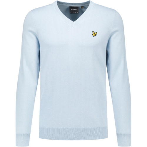 Lyle & Scott Mens Cotton Plain Coloured V Neck Knitted Jumper in Light Blue