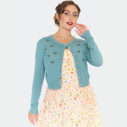 Voodoo Vixen Diamond Pattern Bee Cardigan Blue Model Main Image