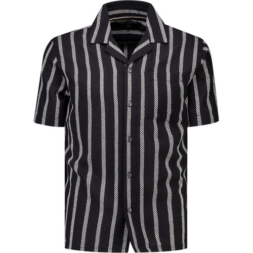 French Connection Mens Ant Vertical Stripe Combo Short Sleeve Holiday Shirt in Black