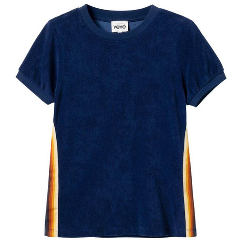 Medemoiselle Yeye Spin City Retro 70s Side Stripe Velour Tee in Blue - Main View