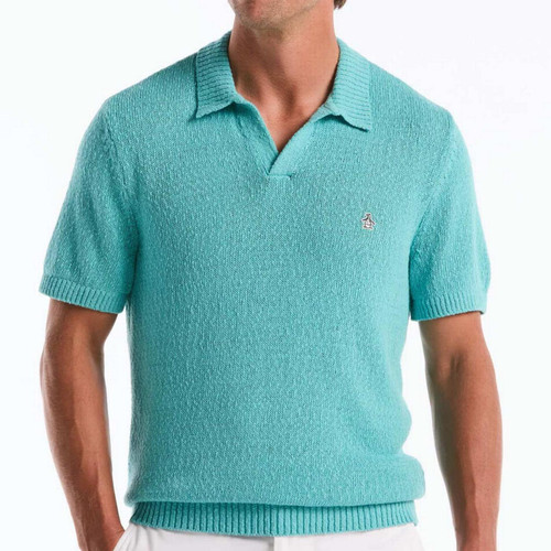 Original Penguin Men's Retro Textured Slub Knitted Johnny Collar Polo Shirt in Aqua