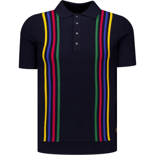 Trojan Records Clothing Mens Multi Stripe Fine Gauge Polo T-Shirt in Navy